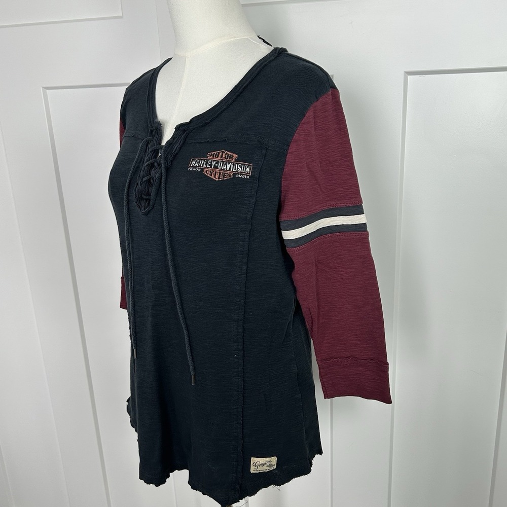 Harley-Davidson Women's Lace-Up Knit Logo Top Black Burgundy Scoop Neck LARGE - Picture 3 of 10